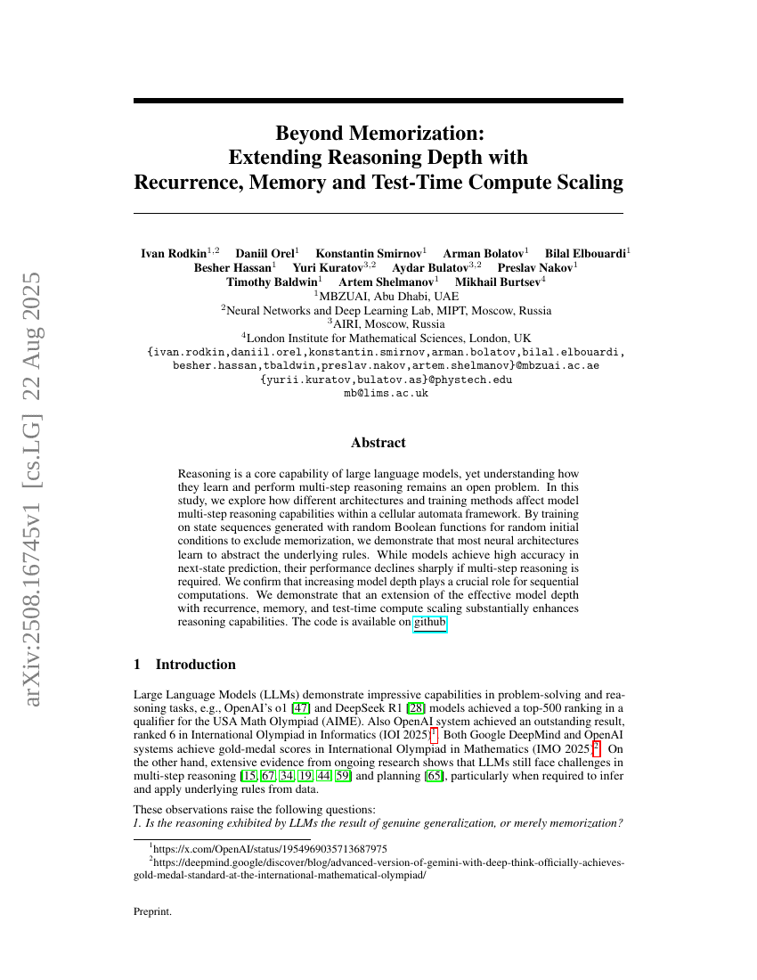 Beyond Memorization: Extending Reasoning Depth with Recurrence, Memory
and Test-Time Compute Scaling