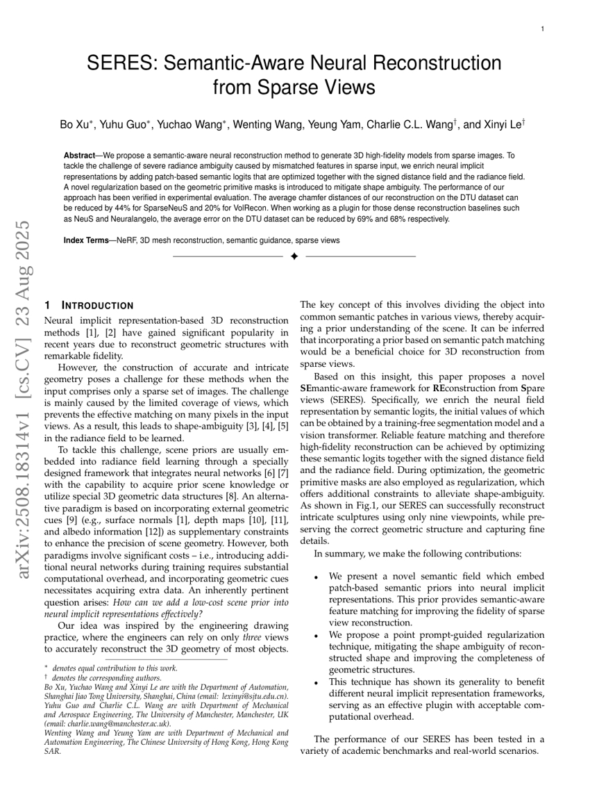 SERES：基于语义感知的稀疏视角神经重建