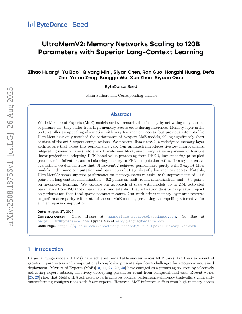 UltraMemV2: Memory Networks Scaling to 120B Parameters with Superior
Long-Context Learning