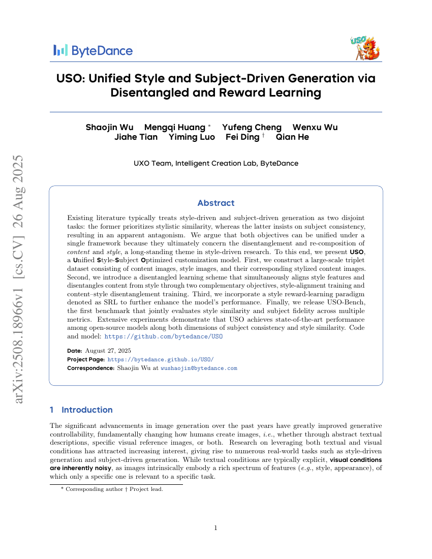 USO: Unified Style and Subject-Driven Generation via Disentangled and Reward Learning