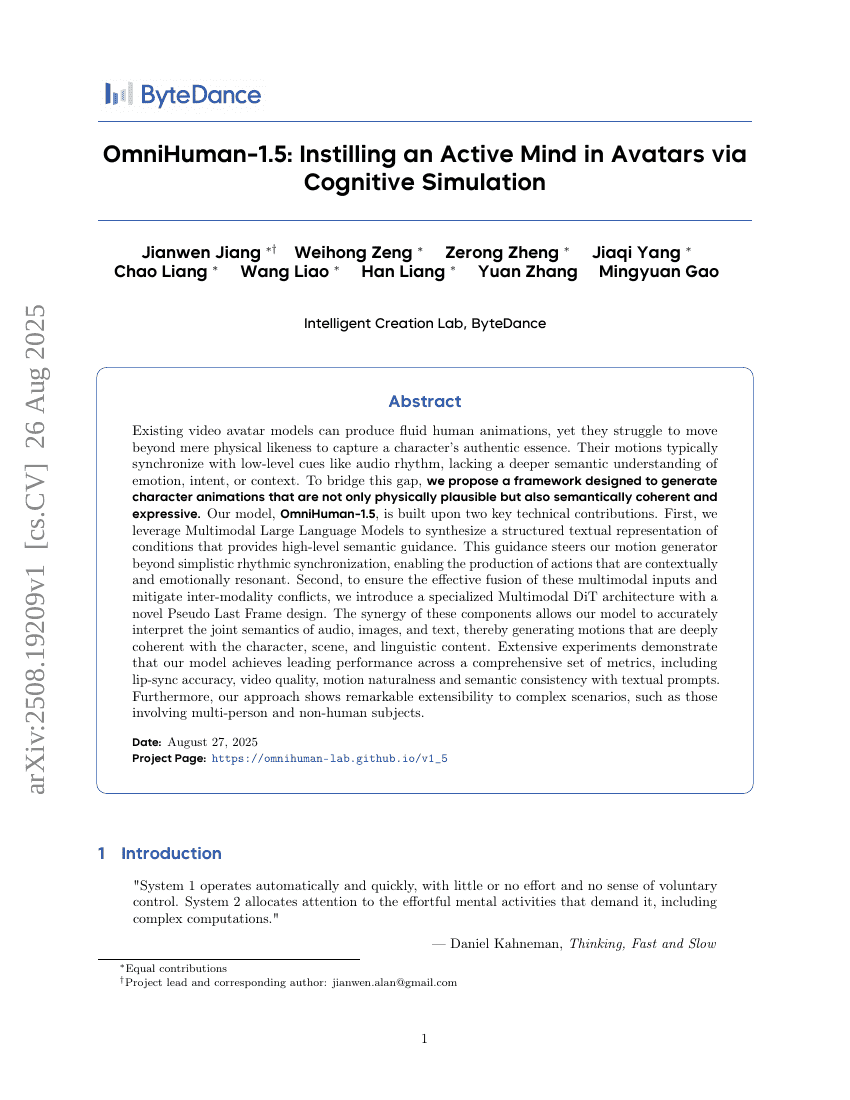 OmniHuman-1.5: Instilling an Active Mind in Avatars via Cognitive
Simulation