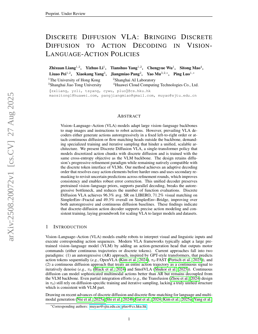 Discrete Diffusion VLA: Bringing Discrete Diffusion to Action Decoding
in Vision-Language-Action Policies