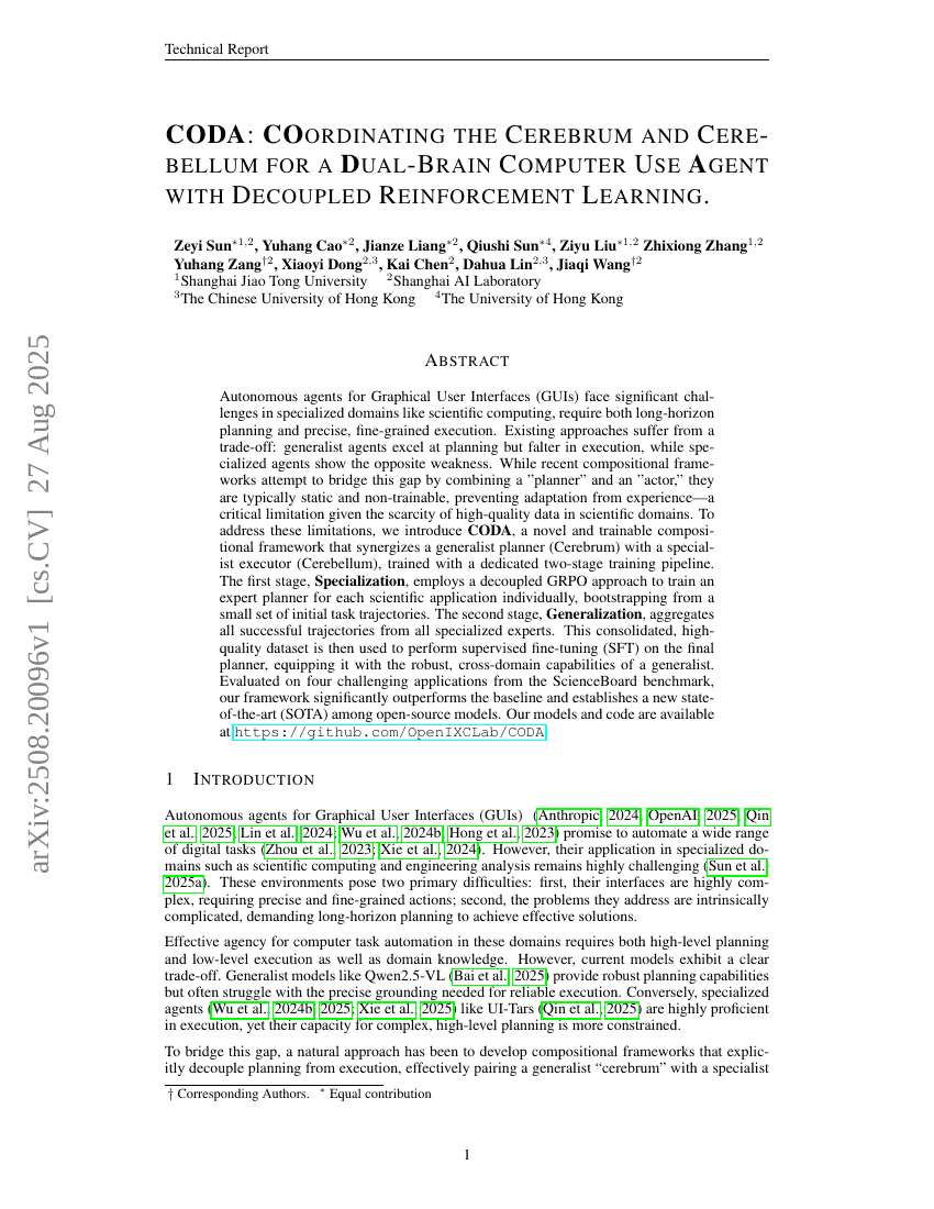 CODA: Coordinating the Cerebrum and Cerebellum for a Dual-Brain Computer Use Agent with Decoupled Reinforcement Learning