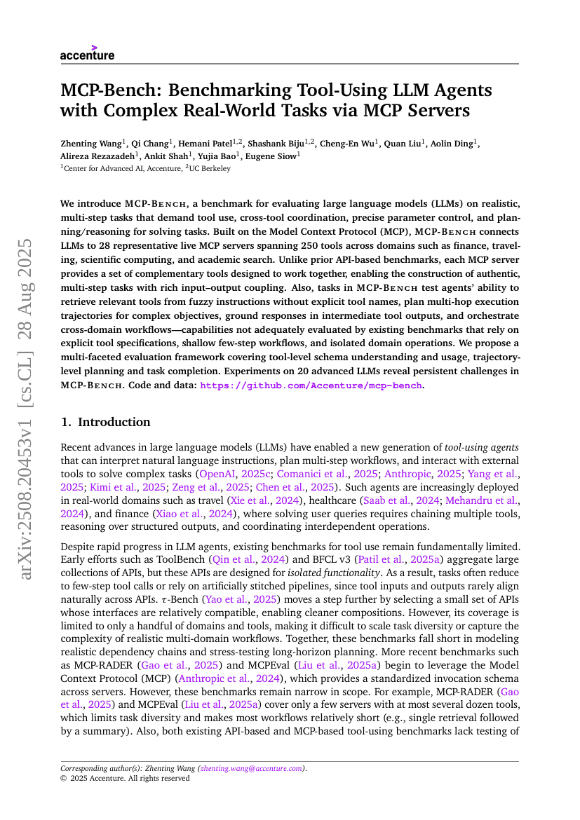MCP-Bench: Benchmarking Tool-Using LLM Agents with Complex Real-World
Tasks via MCP Servers