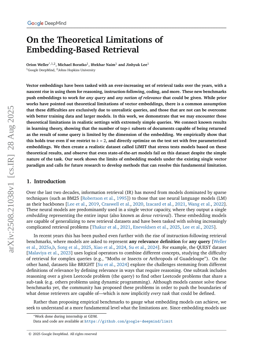 On the Theoretical Limitations of Embedding-Based Retrieval