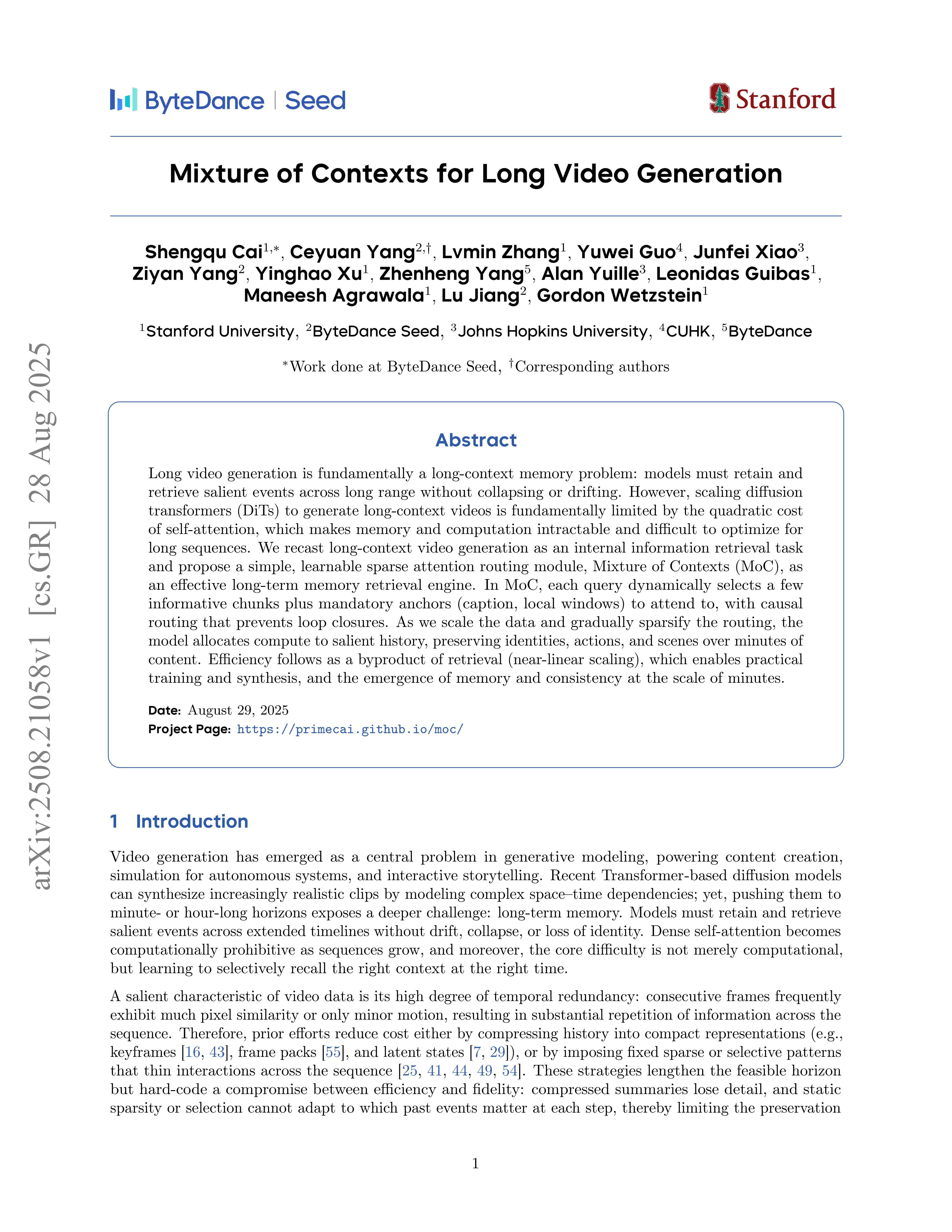 Mixture of Contexts for Long Video Generation