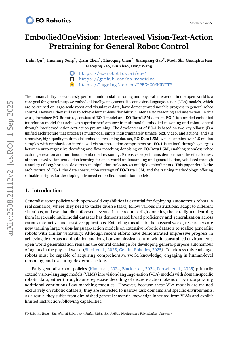 EmbodiedOneVision: Interleaved Vision-Text-Action Pretraining for
General Robot Control