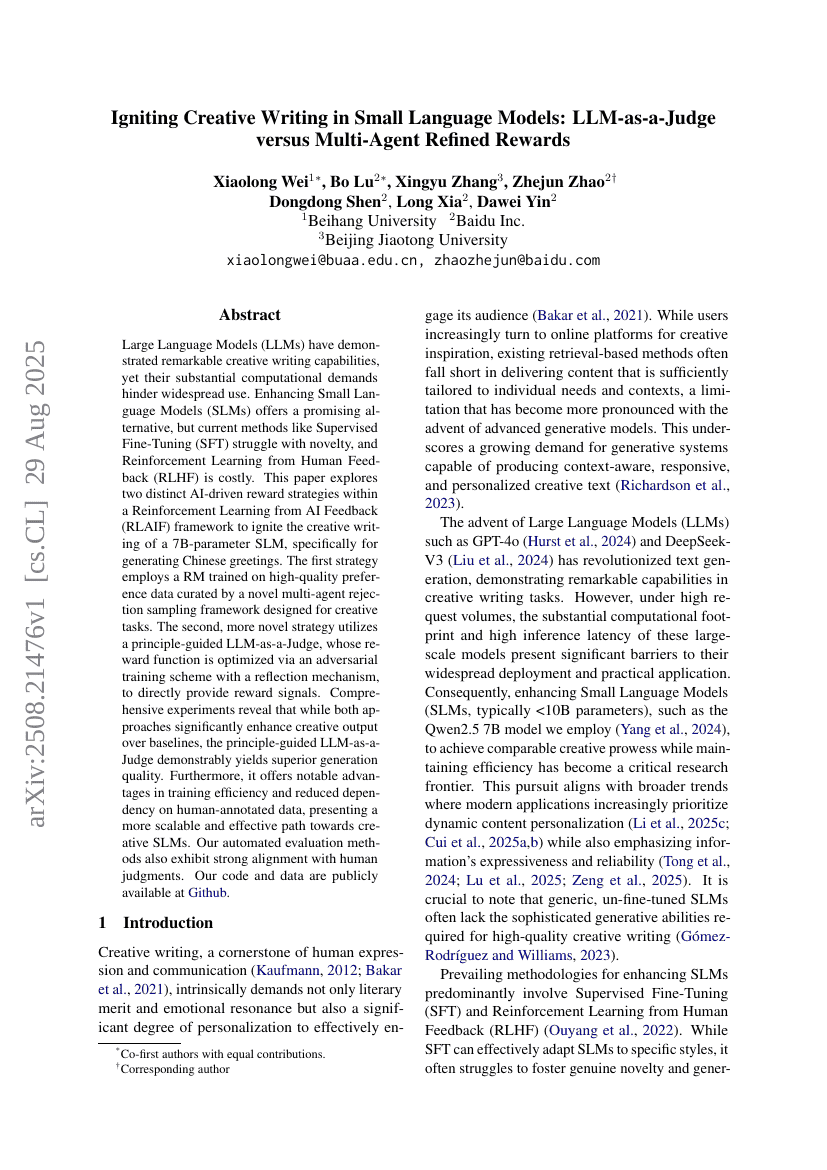 Igniting Creative Writing in Small Language Models: LLM-as-a-Judge versus Multi-Agent Refined Rewards