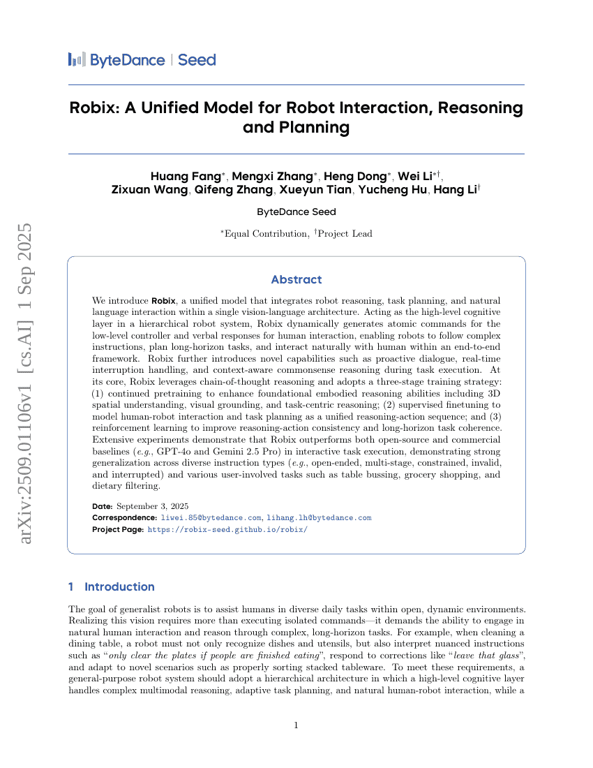 Robix: A Unified Model for Robot Interaction, Reasoning and Planning