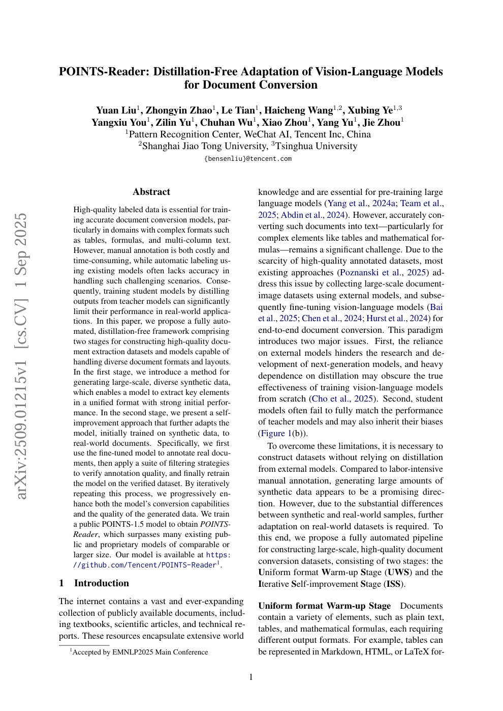 POINTS-Reader: Distillation-Free Adaptation of Vision-Language Models for Document Conversion