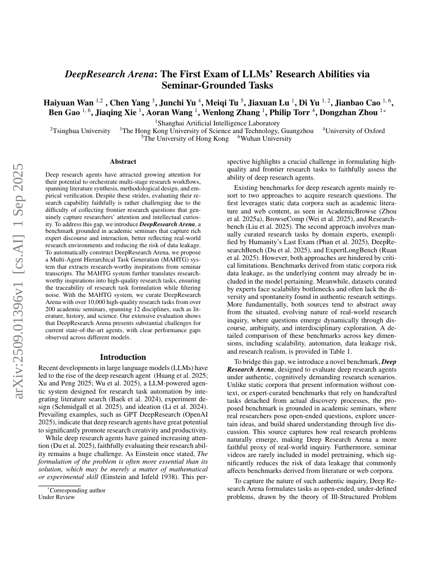 DeepResearch Arena: The First Exam of LLMs' Research Abilities via Seminar-Grounded Tasks