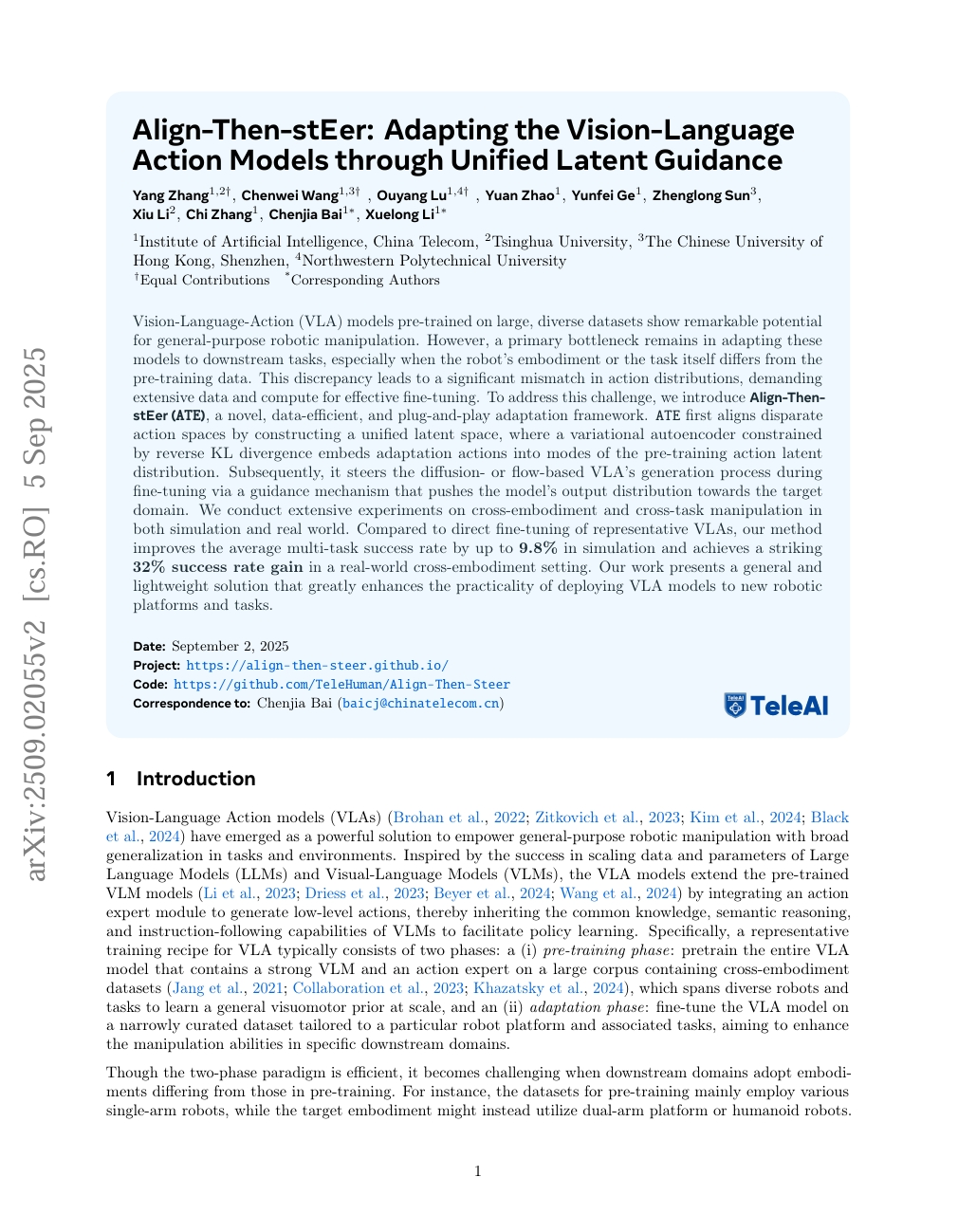 Align-Then-stEer: Adapting the Vision-Language Action Models through Unified Latent Guidance
