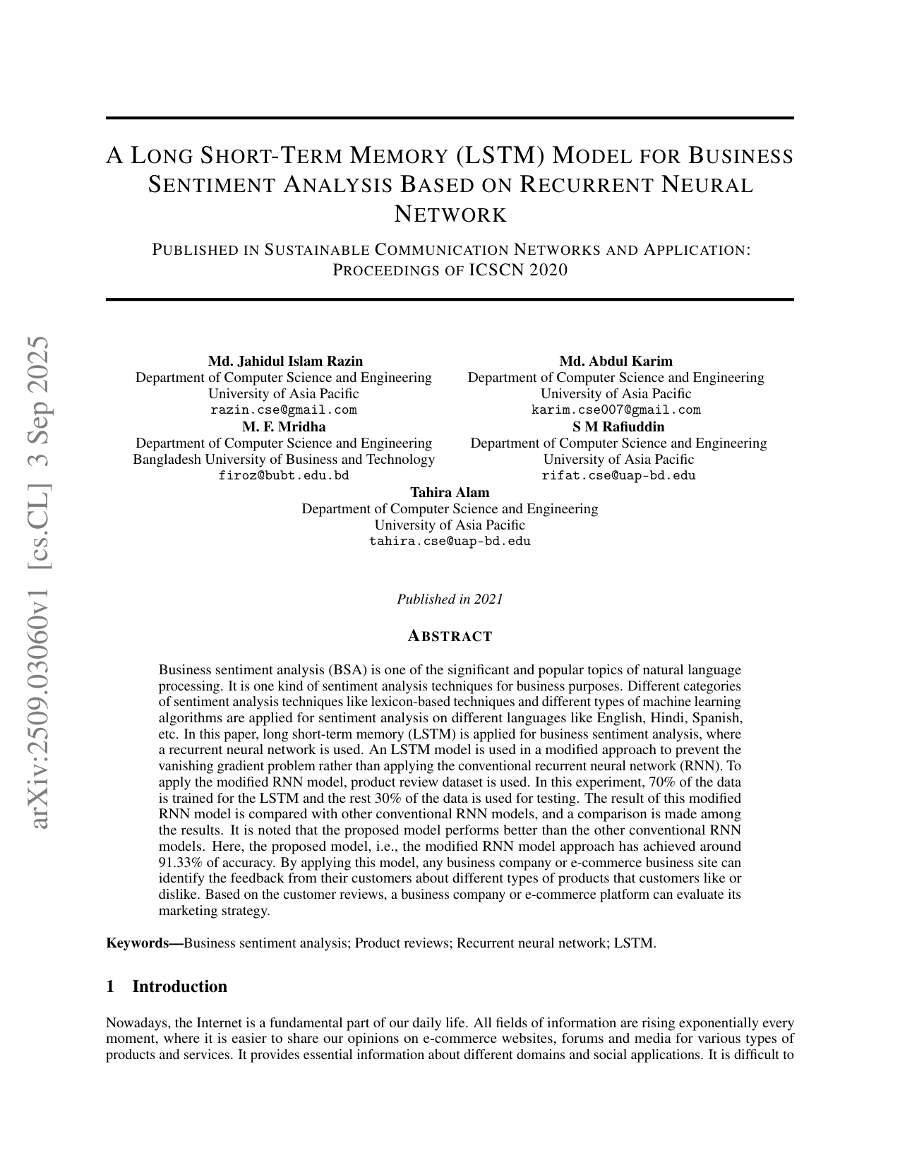 再帰型ニューラルネットワークに基づくビジネス感情分析のためのLong Short-Term Memory (LSTM) モデル