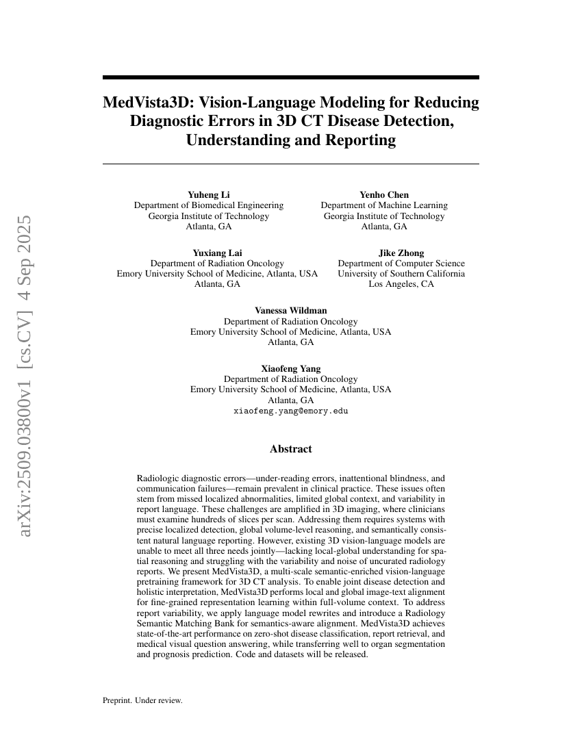 MedVista3D: Vision-Language Modeling for Reducing Diagnostic Errors in 3D CT Disease Detection, Understanding and Reporting