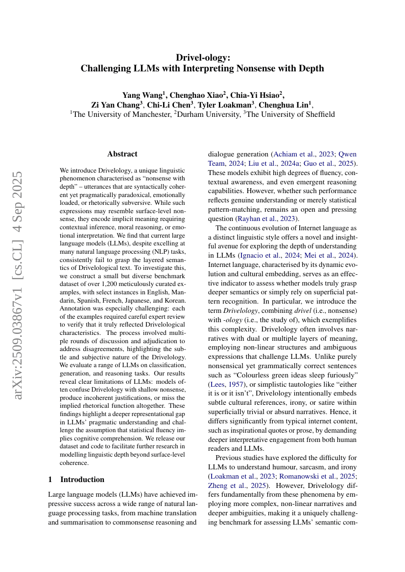 Drivel-ology: Challenging LLMs with Interpreting Nonsense with Depth
