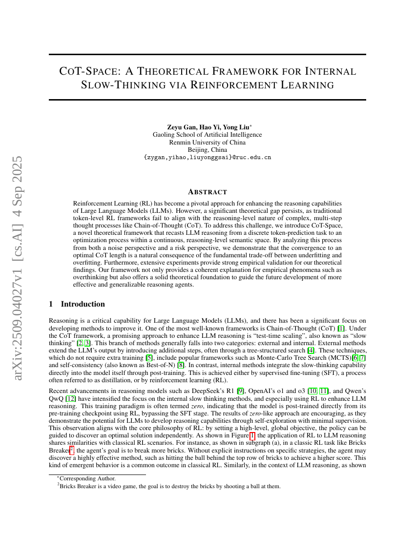 CoT-Space: A Theoretical Framework for Internal Slow-Thinking via Reinforcement Learning