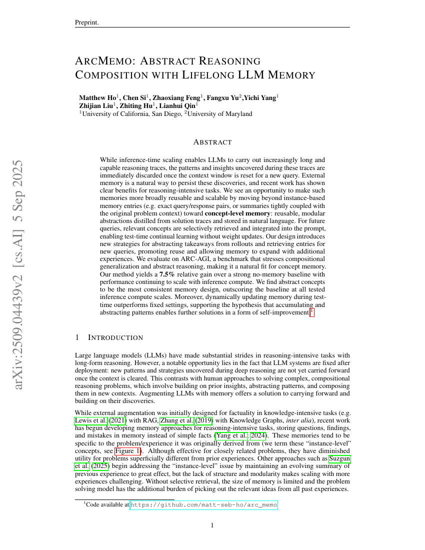 ArcMemo: Abstract Reasoning Composition with Lifelong LLM Memory