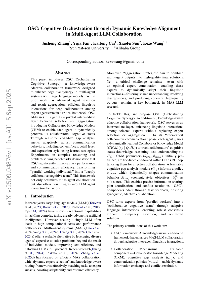 OSC: Cognitive Orchestration through Dynamic Knowledge Alignment in Multi-Agent LLM Collaboration
