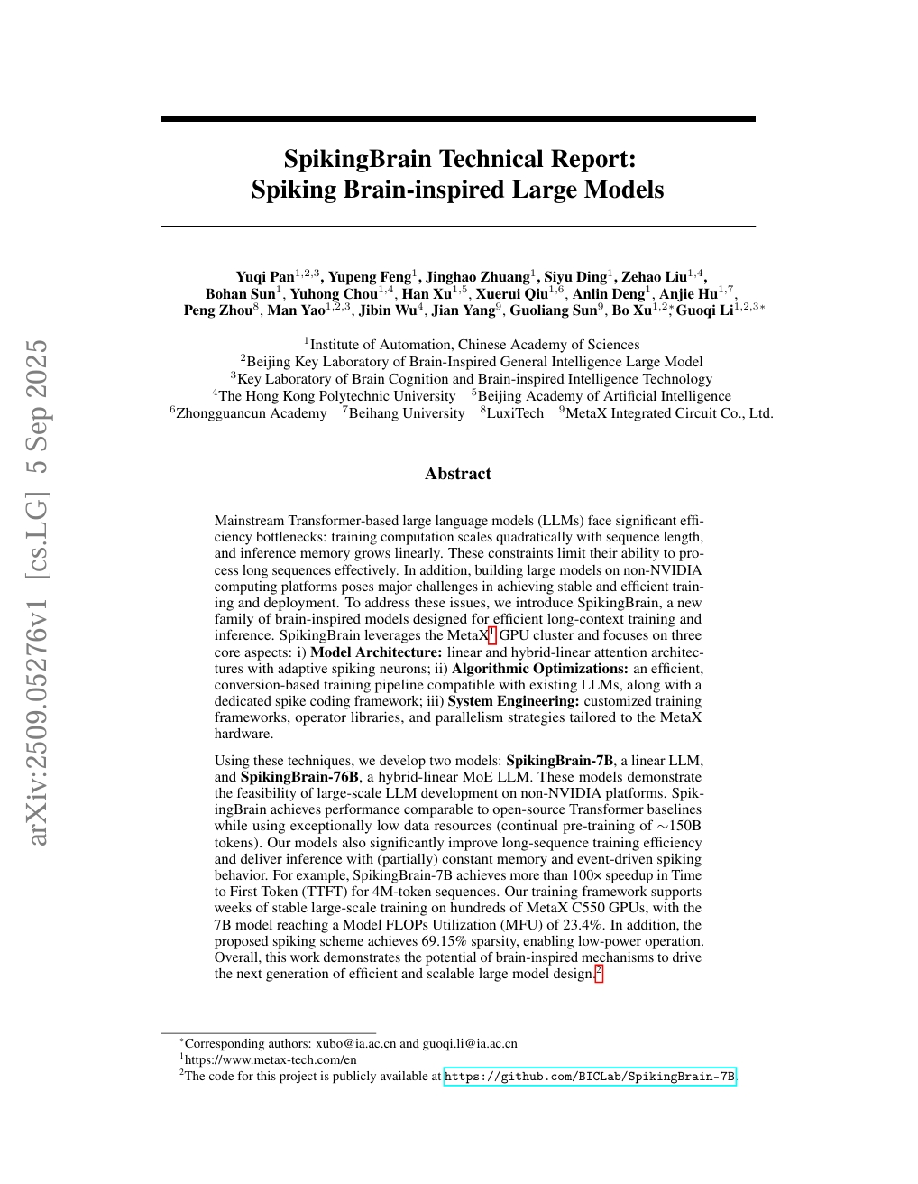 SpikingBrain Technical Report: Spiking Brain-inspired Large Models