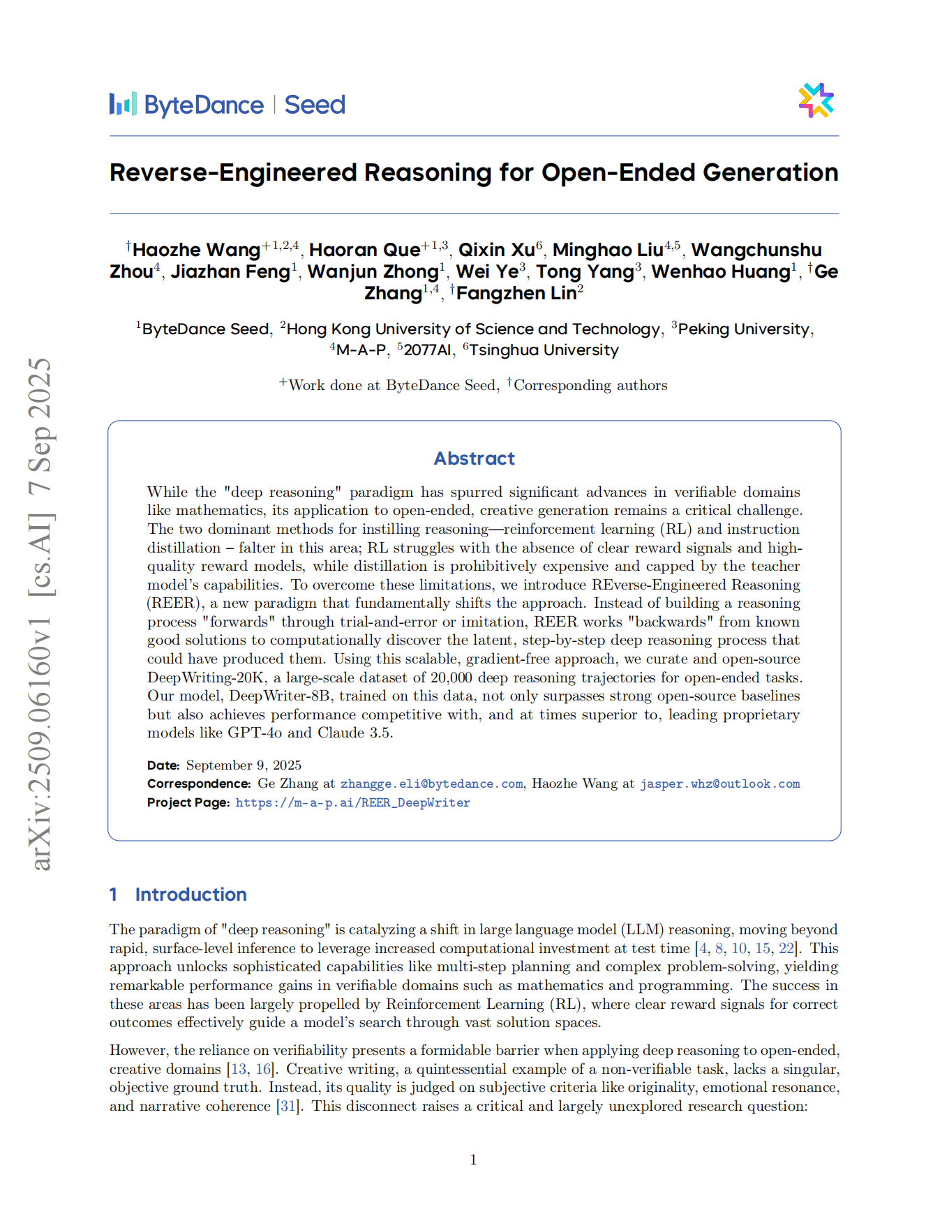 Reverse-Engineered Reasoning for Open-Ended Generation