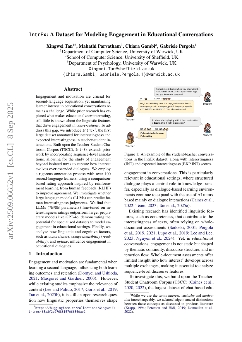 IntrEx: A Dataset for Modeling Engagement in Educational Conversations