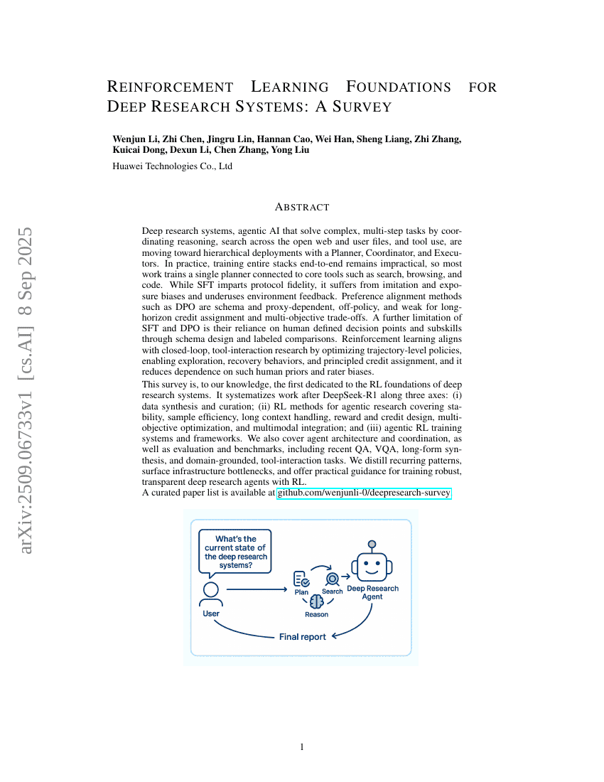 Reinforcement Learning Foundations for Deep Research Systems: A Survey