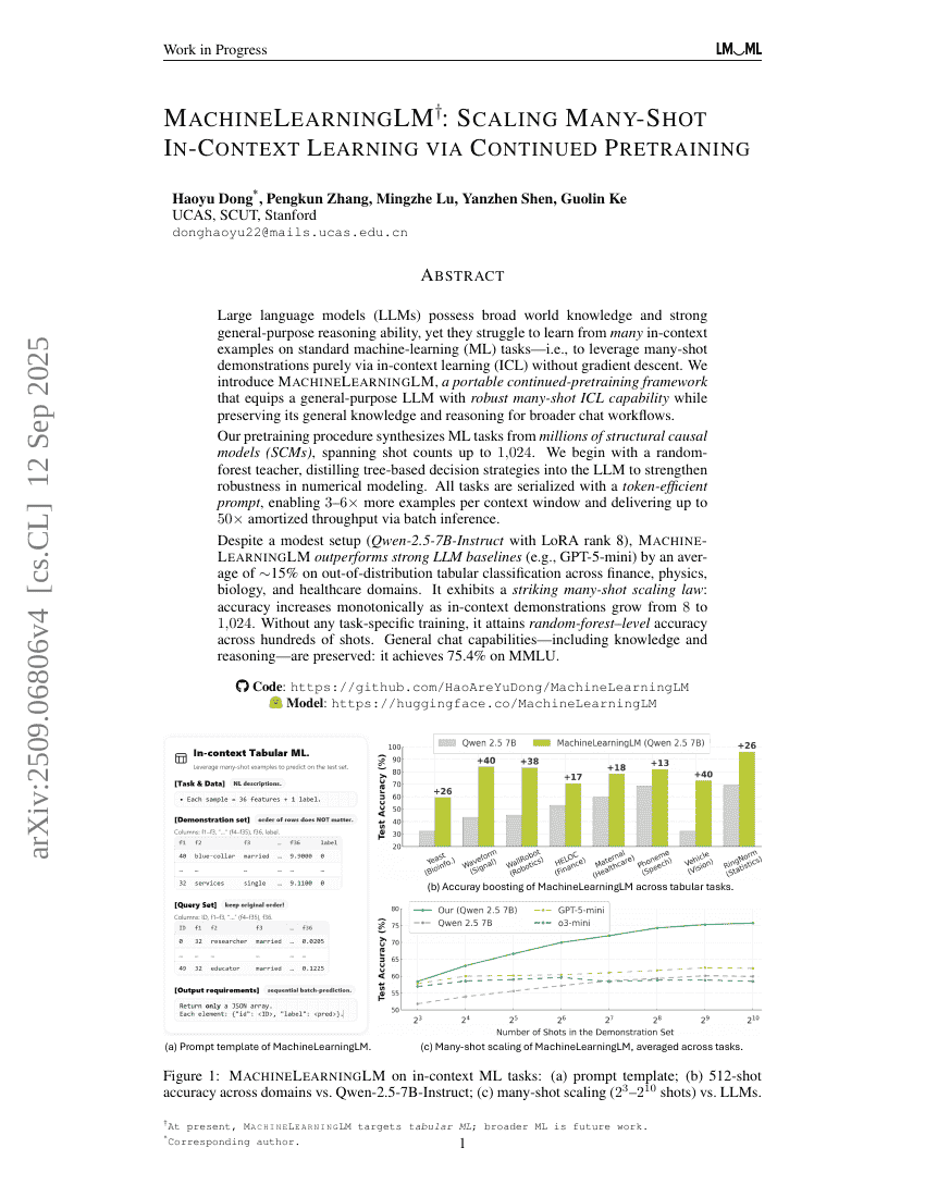 MachineLearningLM: Continued Pretraining Language Models on Millions of Synthetic Tabular Prediction Tasks Scales In-Context ML