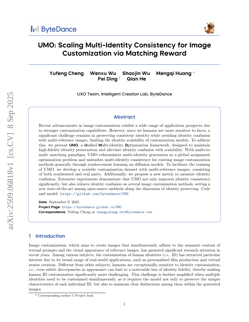 UMO: Scaling Multi-Identity Consistency for Image Customization via Matching Reward