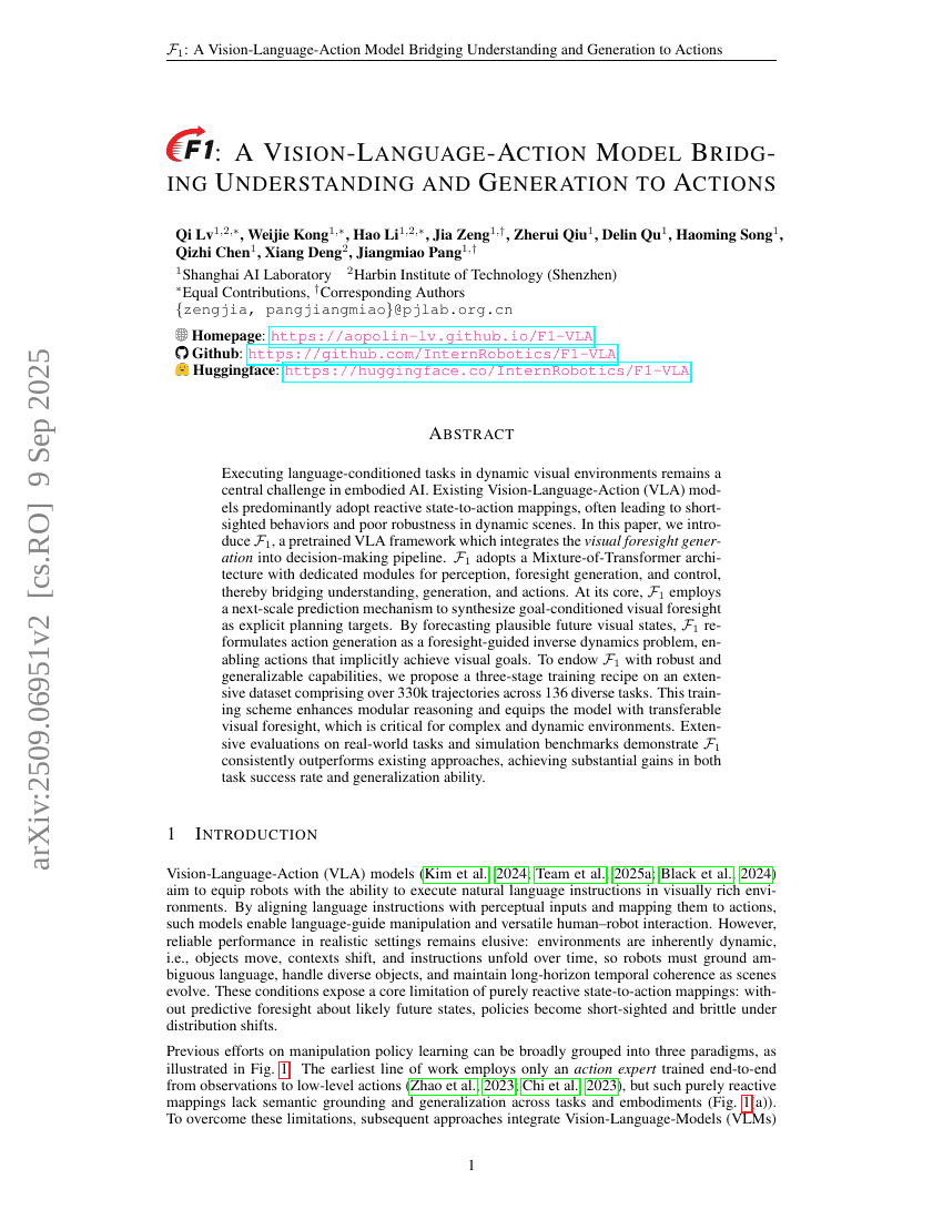 F1: A Vision-Language-Action Model Bridging Understanding and Generation to Actions