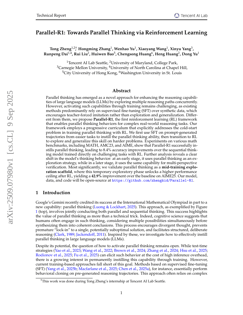 Parallel-R1: Towards Parallel Thinking via Reinforcement Learning