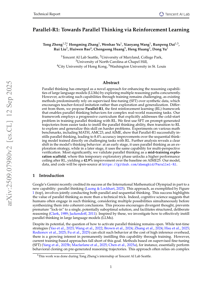 Parallel-R1: Towards Parallel Thinking via Reinforcement Learning