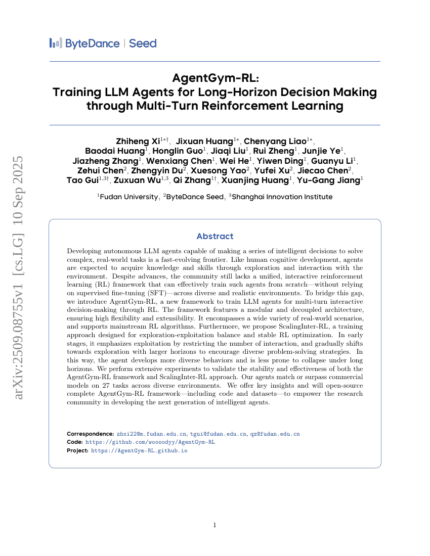 AgentGym-RL: Training LLM Agents for Long-Horizon Decision Making
through Multi-Turn Reinforcement Learning