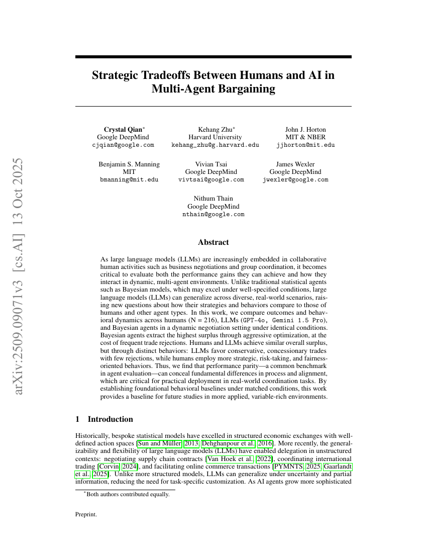Understanding Economic Tradeoffs Between Human and AI Agents in Bargaining Games
