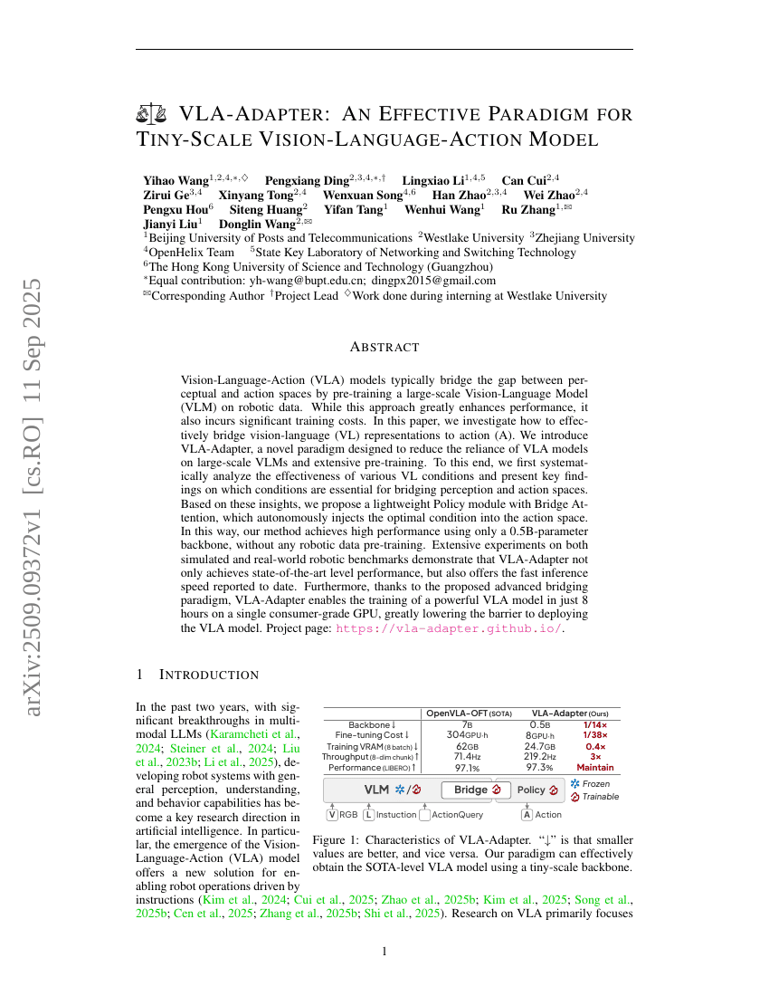 VLA-Adapter: An Effective Paradigm for Tiny-Scale Vision-Language-Action
Model