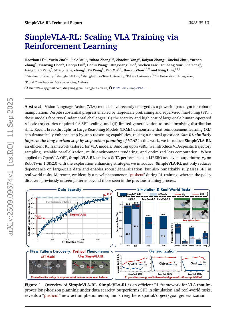 SimpleVLA-RL: Scaling VLA Training via Reinforcement Learning