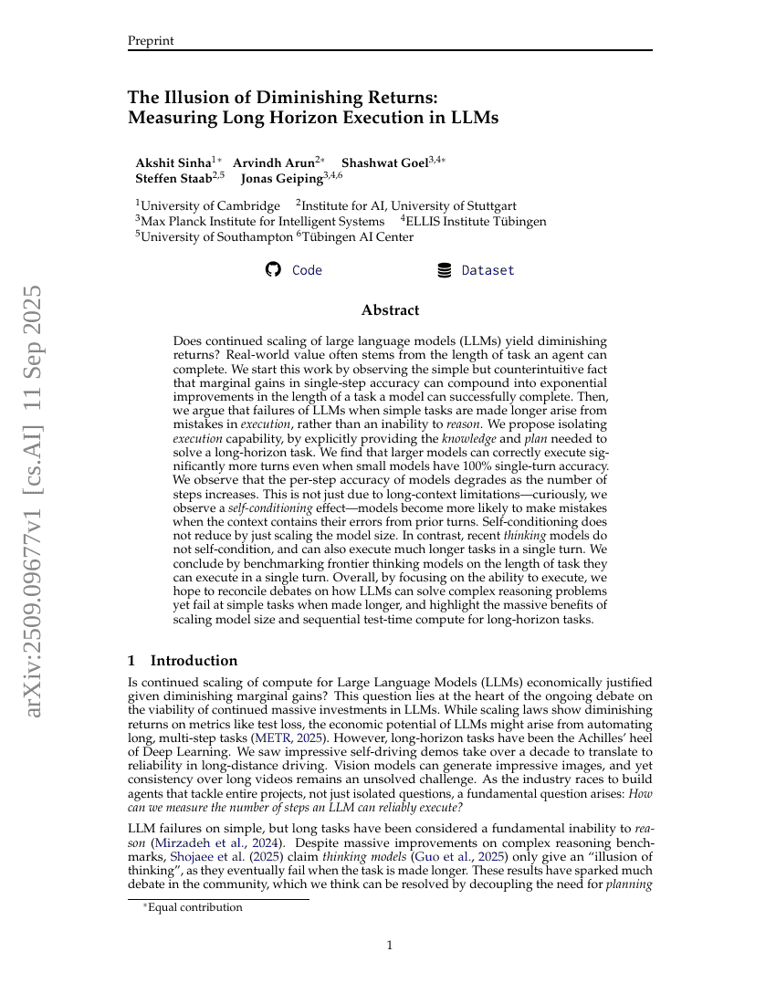 The Illusion of Diminishing Returns: Measuring Long Horizon Execution in LLMs