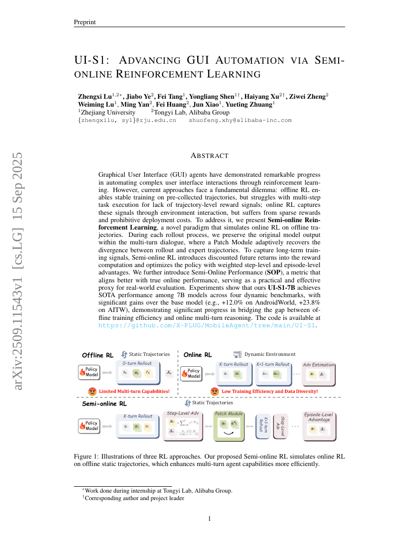 UI-S1: Advancing GUI Automation via Semi-online Reinforcement Learning