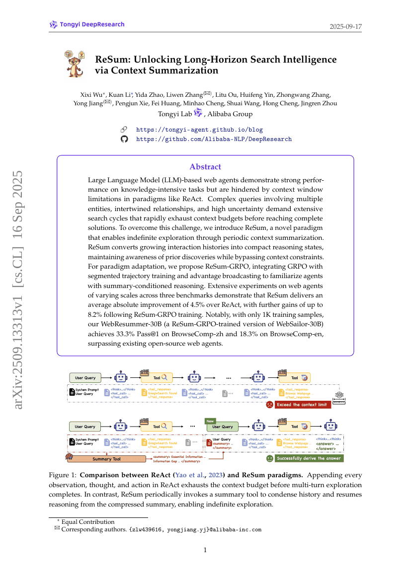 ReSum: Unlocking Long-Horizon Search Intelligence via Context
Summarization