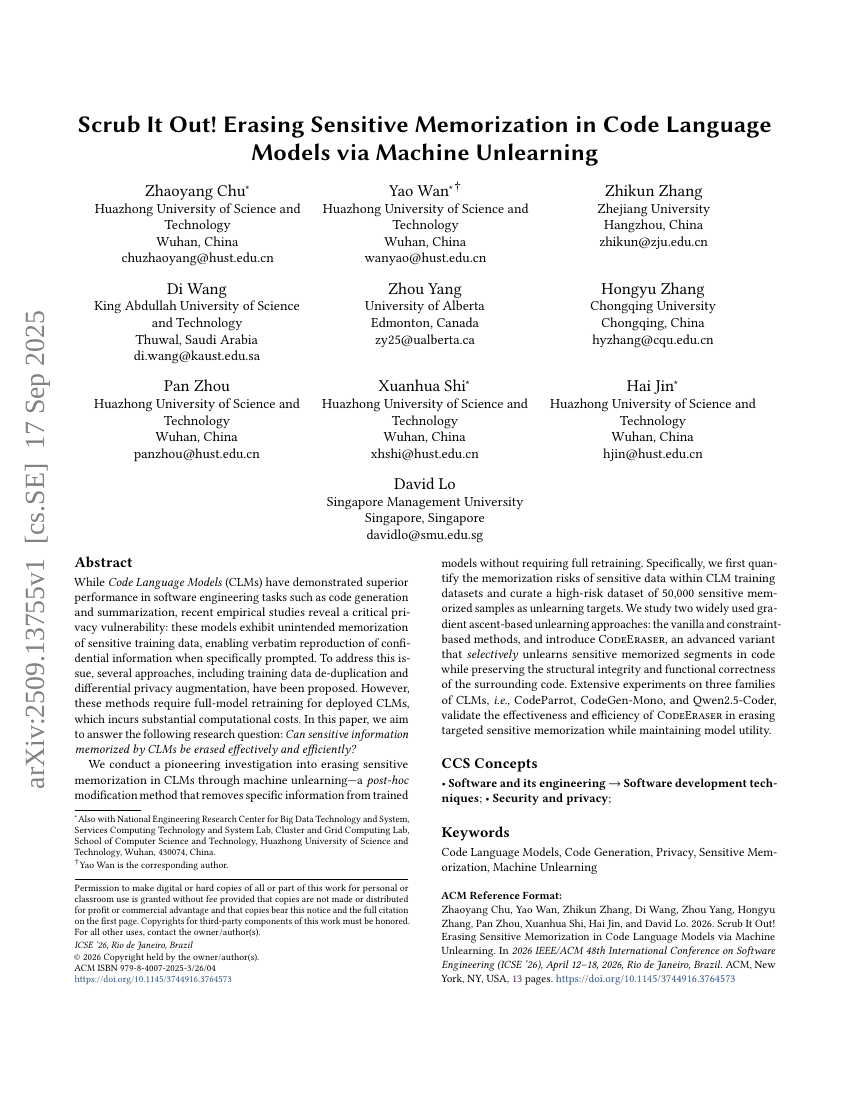 Scrub It Out! Erasing Sensitive Memorization in Code Language Models via
Machine Unlearning