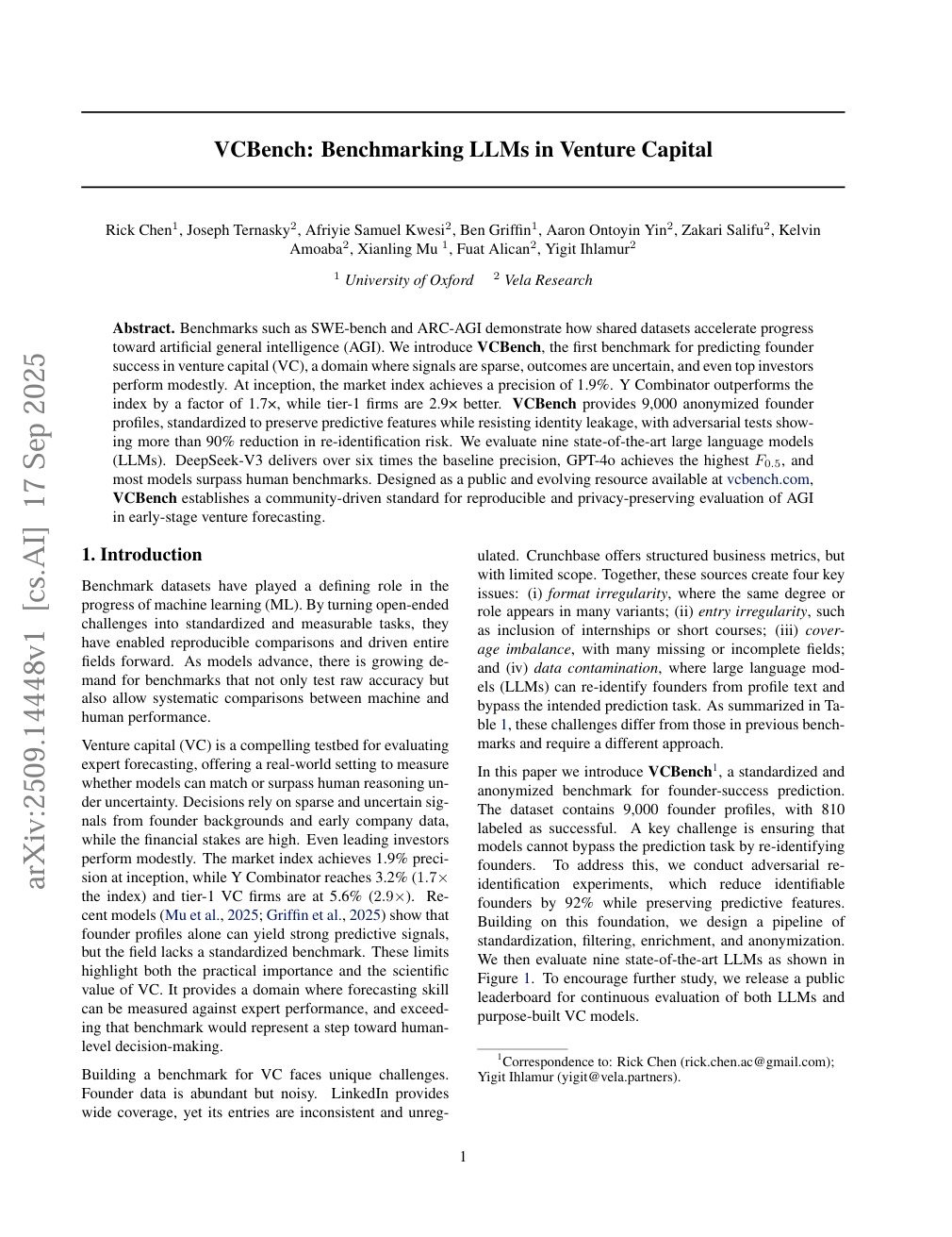 VCBench: Benchmarking LLMs in Venture Capital