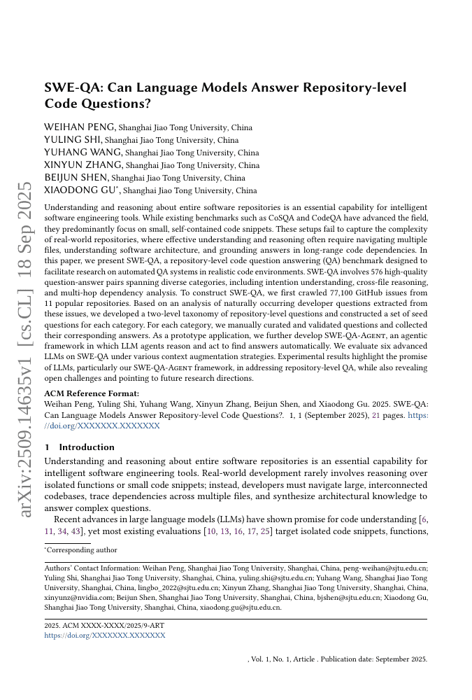 SWE-QA: Can Language Models Answer Repository-level Code Questions?