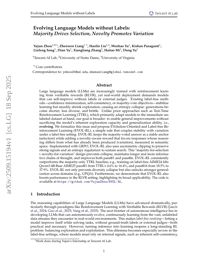 Evolving Language Models without Labels: Majority Drives Selection,
Novelty Promotes Variation