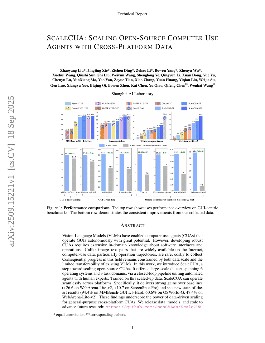 ScaleCUA: Scaling Open-Source Computer Use Agents with Cross-Platform
Data
