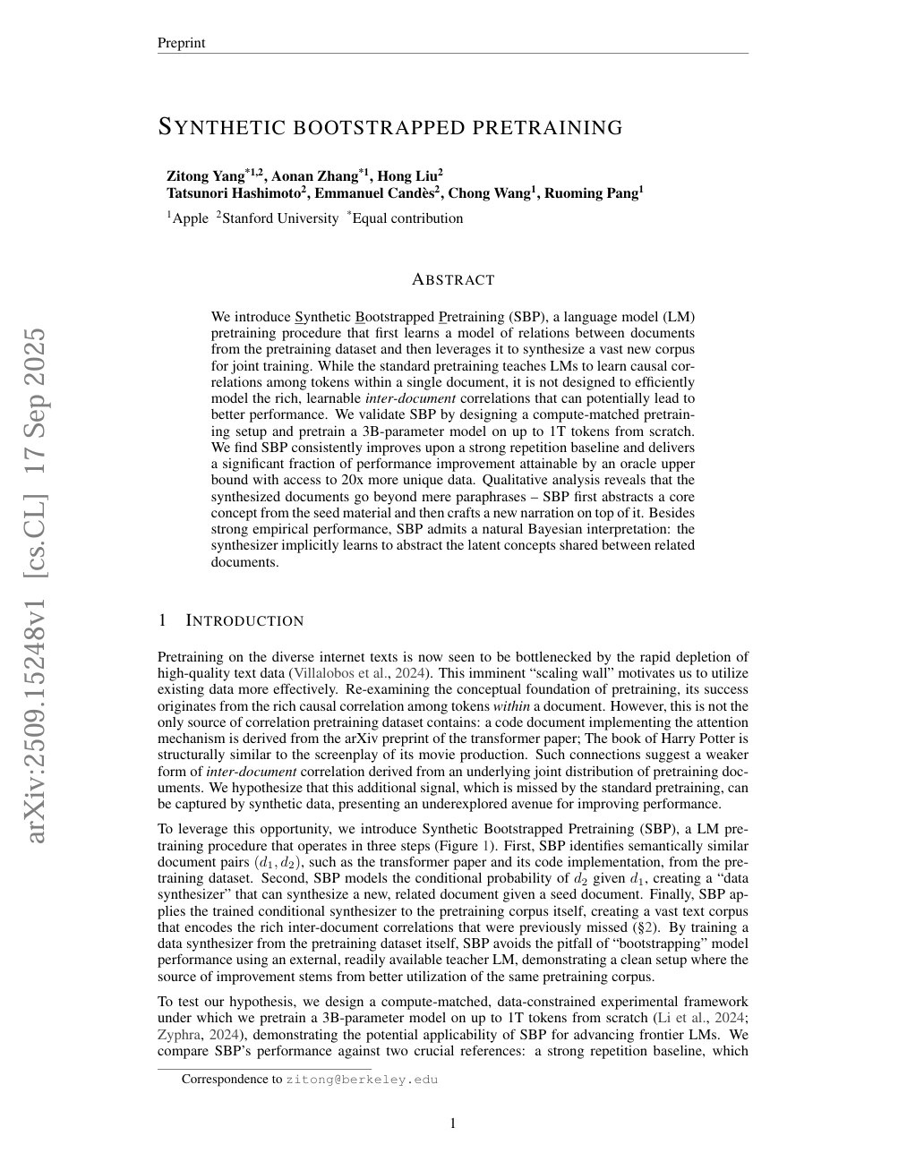 Synthetic bootstrapped pretraining