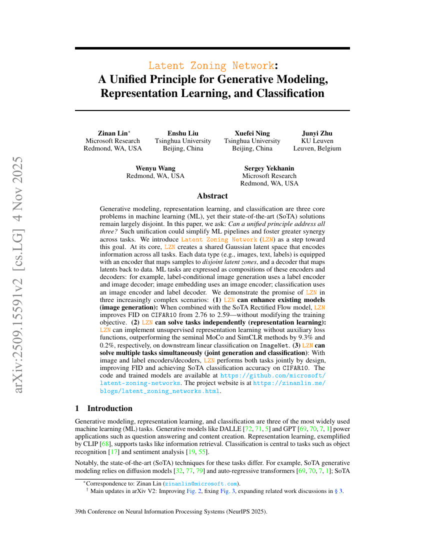 Latent Zoning Network: A Unified Principle for Generative Modeling,
  Representation Learning, and Classification