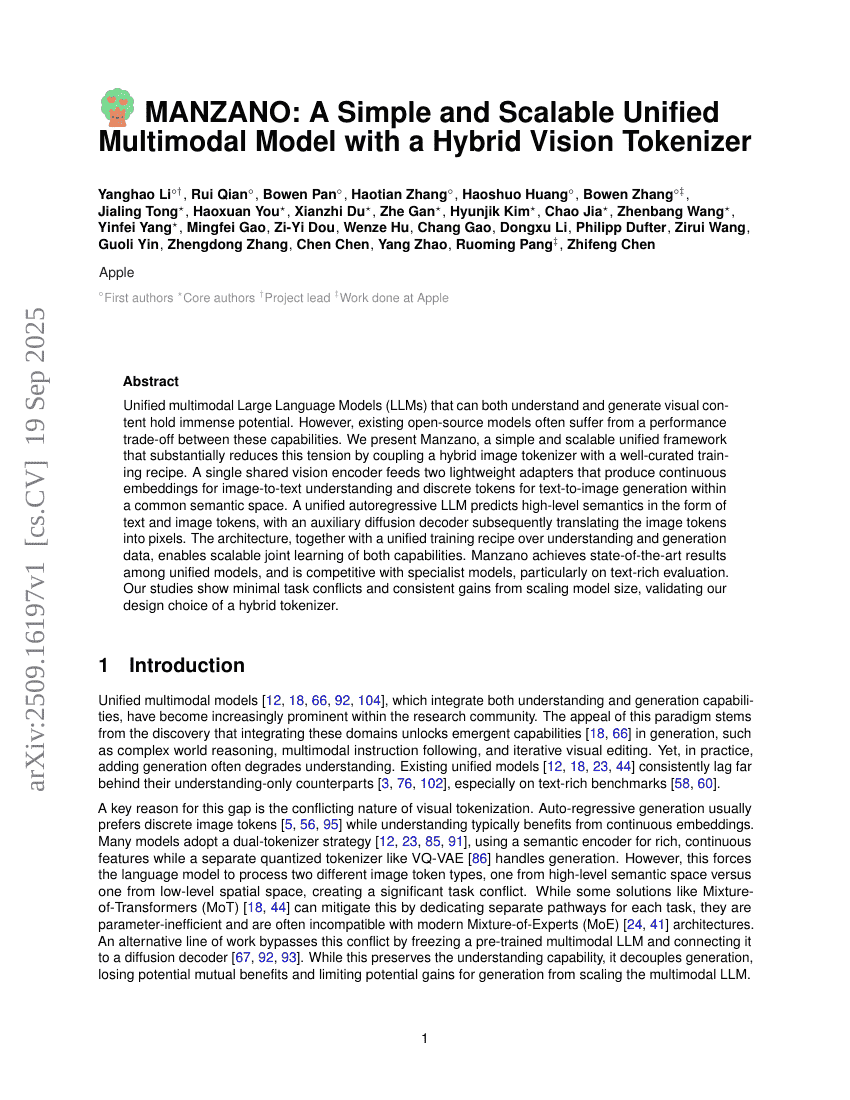 MANZANO: A Simple and Scalable Unified Multimodal Model with a Hybrid
Vision Tokenizer