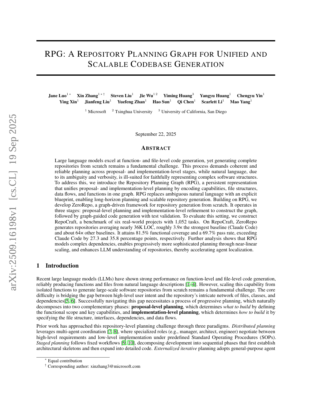 RPG: A Repository Planning Graph for Unified and Scalable Codebase Generation