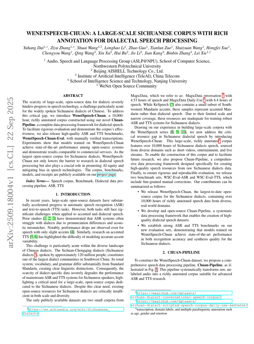 WenetSpeech-Chuan: Ein großes Sichuan-Dialekt-Korpus mit umfassender Annotation für die Dialekt-Sprachverarbeitung