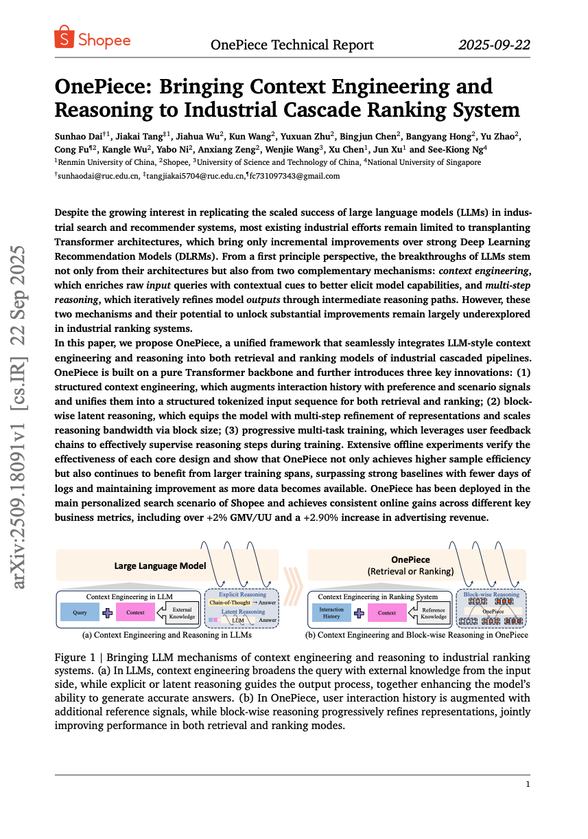 OnePiece: Bringing Context Engineering and Reasoning to Industrial
  Cascade Ranking System