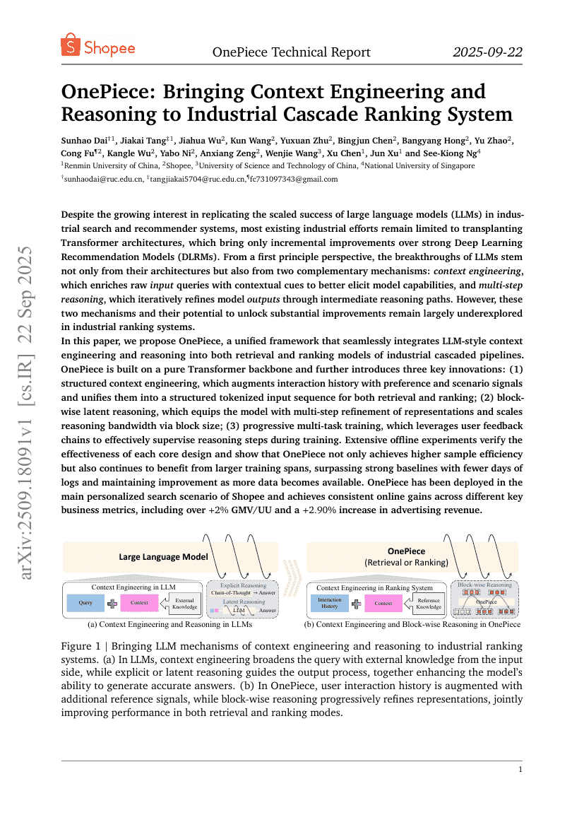 OnePiece: Bringing Context Engineering and Reasoning to Industrial
  Cascade Ranking System